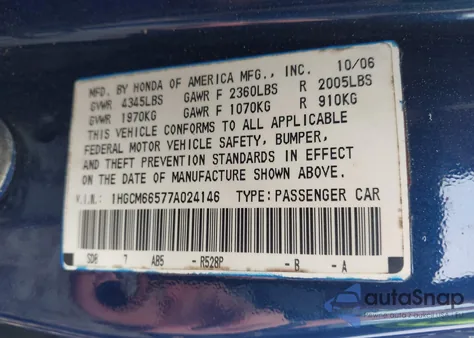 2007 Honda Accord 3.0 Ex из США, поврежденный, VIN 1HGCM66577A024146